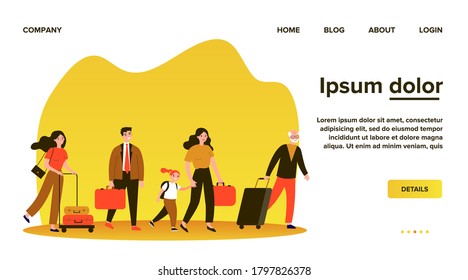 Happy tourists with suitcases walking together flat vector illustration. Group of people travelling abroad. Family with bags going from airport. Men and women during trip. Tourism and journey concept