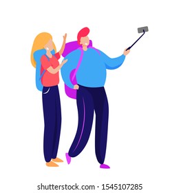 Happy tourists taking selfie. Backpack, summer, monopod flat vector illustration. Travel, tourism, vacation concept for banner, website design or landing web page
