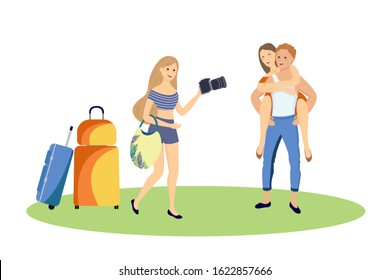 Happy tourists with travel bag. Vector illustration EPS10