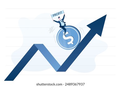 El comerciante feliz monta una gran moneda en el gráfico de crecimiento. La flecha sube, el crecimiento del mercado de valores. Negociación rentable en bolsa. Empresario exitoso que obtiene ganancias y dividendos de las inversiones. Vector