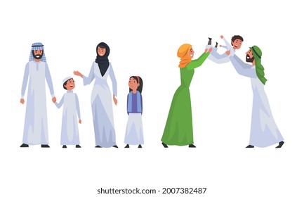 Happy Traditional Arabic Family in Hijab Outfit Spending Time with Kids Vector Set