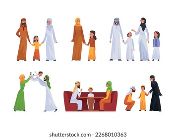 Happy Traditional Arabic Family in Hijab Outfit Verbringen Zeit mit Kids Vector Set