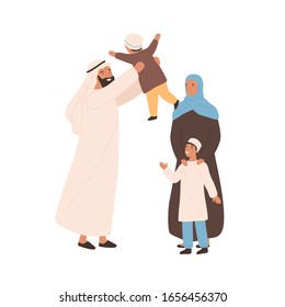 Happy traditional arabic family vector flat illustration. Joyful muslim parents playing with little kid isolated on white. Saudi young people in hijab outfit spending time together feeling love