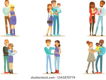 Happy Traditional Families with Babies Set, Smiling Mother, Father and Kids, Family Couple Expecting Baby Vector Illustration