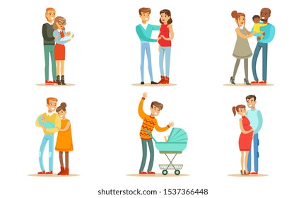 Happy Traditional Families with Newborn Babies Set, Smiling Mother, Father and Kids, Family Couple Expecting Baby Vector Illustration