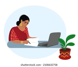 Feliz mujer de negocios india tradicional sentada en una mesa con una laptop y leyendo un documento en la mesa, revisando documentos, pagando cuentas y leyendo una carta. Ilustración vectorial plana