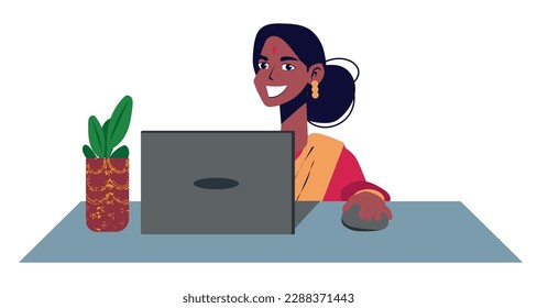 Happy traditional Indian business woman sitting at a table with a laptop and reading a document at the table, reviewing documents, paying bills and reading a letter. Flat vector illustration.