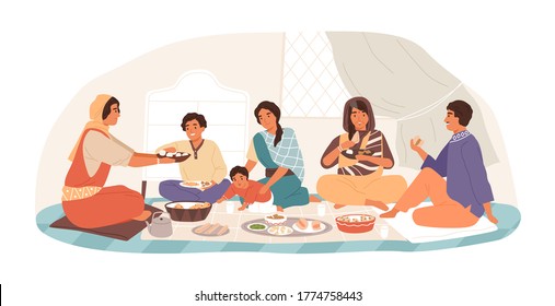 Happy traditional Indian family at festive dinner vector flat illustration. Children, parents and grandparents eating national dishes together isolated on white. Smiling people at holiday meal