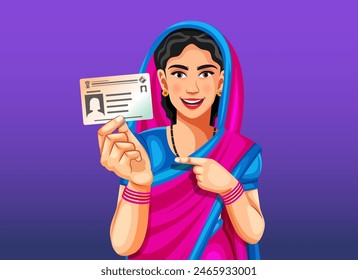 Happy traditional Indian woman wearing saree showing voter card ID to cast vote at a polling station. National Voters Day concept