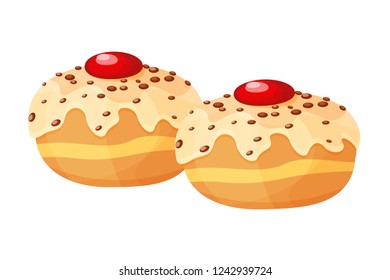 Happy traditional Jewish holiday Hanukkah, beautiful festival of lights. Traditional food, oriental sweets in form of donuts with jam - Sufganiot, on holiday Hanukkah. Vector illustration.