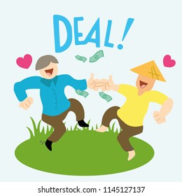 Happy transaction of farmer and client.Successful business deal of price harvest, agreement or international partnership.