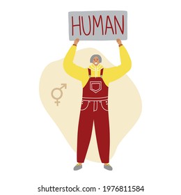 Happy transgender person holding in hands a banner. Text Human.Gender neutrality,  identity, genderqueer. Vector hand drawn flat illustration