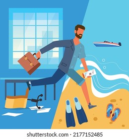 Happy transition from work to vacation. Happy businessmen in workplace and on holidays. Escape from office work. Summer travel, beach resort, relax on beach. Vector cartoon flat concept