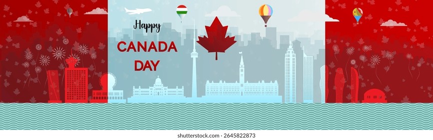 Happy travel Canada day anniversary and celebration in maple leaf flag background with Travel landmarks architecture of Canada in Toronto and ottawa in paper art, paper cut style. Vector illustration.