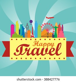 Happy travel concept with colorful silhouette famous building.