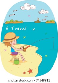 Happy Travel with Cute Children - enjoying relaxed lifestyle with pretty smiling young girl in resort island on summer holiday background with blue sky and beautiful sea : vector illustration
