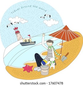Happy Travel with Cute Friends - enjoying in beautiful resort island with young boy and funny pet on summer holiday background with blue sky and water : vector illustration