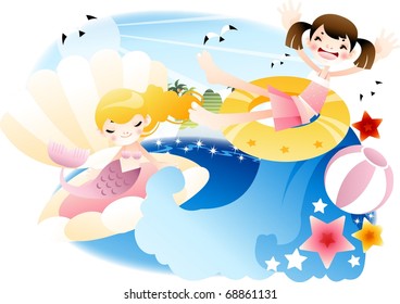 Happy Travel with Cute Friends - playing in tropical island resort with lovely young child on summer vacation background with beautiful blue sky and shiny water : vector illustration