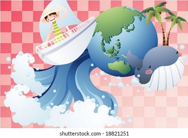 Happy Travel with Cute Friends - sailing with smiling pretty young tourist and beautiful marine animal of tropical island background with pink pattern : vector illustration