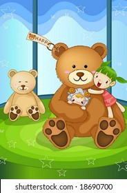 Happy Travel with Cute Friends - shopping lovely young child with pretty big doll in toy store of amusement park on green and blue background