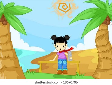 Happy Travel with Cute Friends - sitting pretty young child on bench of beautiful tropical resort island with famous statue on a background of blue sky and beach : vector illustration