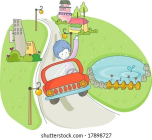 Happy Travel with Cute Person - driving with happy young man in road of green park on white background : vector illustration