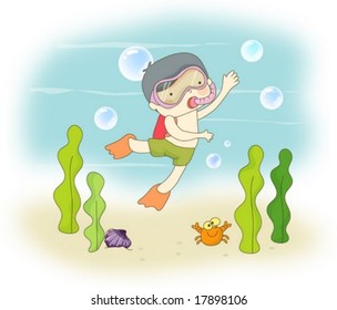 Happy Travel with Cute young Child - enjoy swimming under water with funny marine lives on summer holiday background with blue sea : vector illustration