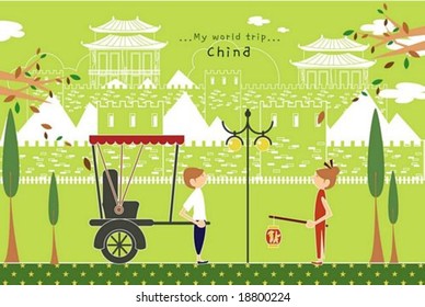 Happy Travel - cute young female and male with famous traditional chinese clothing with culture in a street of pretty city park on beautiful green background : vector illustration