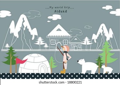 Happy Travel - cute young man with rod and line in beautiful famous nature of alaska on gray(grey) background : vector illustration