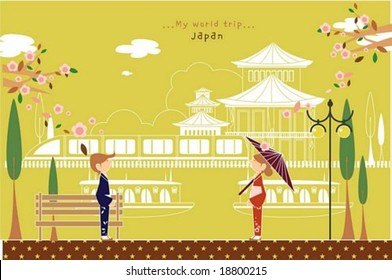 Happy Travel - cute young woman and man with beautiful traditional Japanese clothing on a street of pretty city park on romantic yellow background : vector illustration