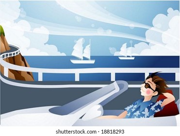 Happy Travel - driving a white convertible with young male on the coast road background with beautiful blue sky and seascape : vector illustration