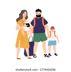 Happy travel family with baggage and hand luggage standing together vector flat illustration. Smiling parents and kids going to summer vacation isolated on white. People ready to touristic adventure