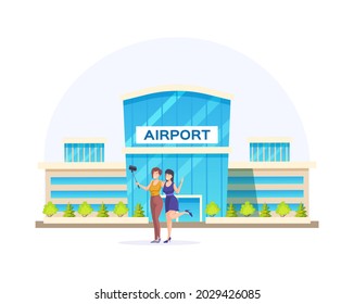 Happy travel female friends posing taking selfie at airport building exterior enjoying summer vacation. Smiling woman tourists photographing use smartphone having tour journey flat vector