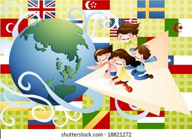 Happy Travel - flying by paper airplane all around the world with cute friends on a background of green patterns : vector illustration