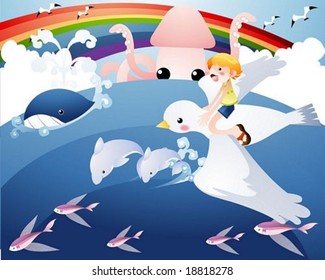 Happy Travel - flying with pretty young child and cute marine life on beautiful blue ocean background with colorful nature scene : vector illustration
