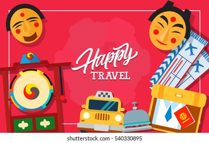 Happy Travel Frame with Tickets and Taxi