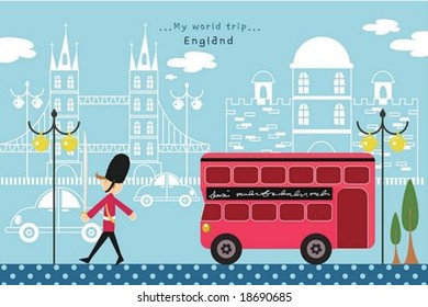 Happy Travel - guarding young British soldier with red double decker bus and famous traditional architectures in a street of beautiful city park on romantic blue background : vector illustration