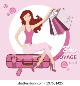 Happy travel !  Illustration of beautiful young woman , travel bag and shopping bags