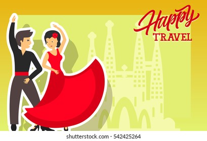 Happy travel lettering with dancing couple