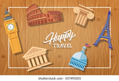 Happy Travel Lettering with Famous Sights