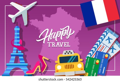 Happy travel lettering with French symbols