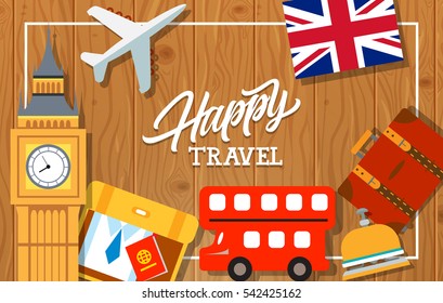 Happy travel lettering with UK flag