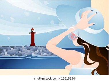 Happy Travel - with lovely young female in a ship on a background of beautiful sky and seascape