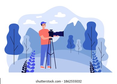 Happy travel photographer taking picture of mountain isolated flat vector illustration. Cartoon man standing and using DSLR camera on tripod. Photography of nature and landscape concept