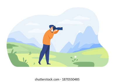 Happy travel photographer taking picture of nature isolated flat vector illustration. Cartoon character shooting mountains on camera. Photography and landscape concept