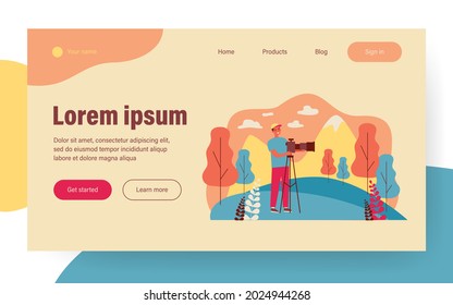 Happy travel photographer taking picture of mountain isolated flat vector illustration. Cartoon man standing and using DSLR camera on tripod. Photography of nature and landscape concept