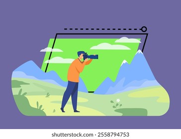 Happy travel photographer taking picture of nature isolated flat vector illustration. Cartoon character shooting mountains on camera. Photography and landscape concept