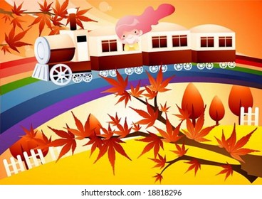 Happy Travel - riding cute young girl with romantic maple tree on a pretty colorful railroad background with beautiful evening glow in the sky and rural landscape : vector illustration