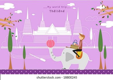 Happy Travel - riding young man with cute animal in front of beautiful famous architecture on romantic violet background : vector illustration