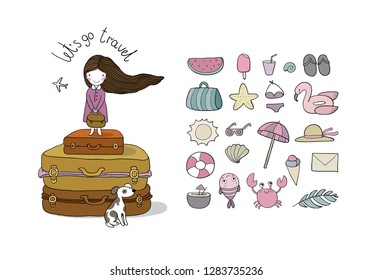 Happy Travel set. Cute cartoon girl, dog and suitcases. Bon Voyage! 